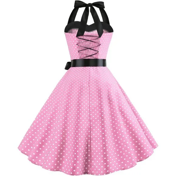Vintage 50s Rockabilly Swing Dress Polka Dots Floral Halter A-Line - Picture 4 of 6